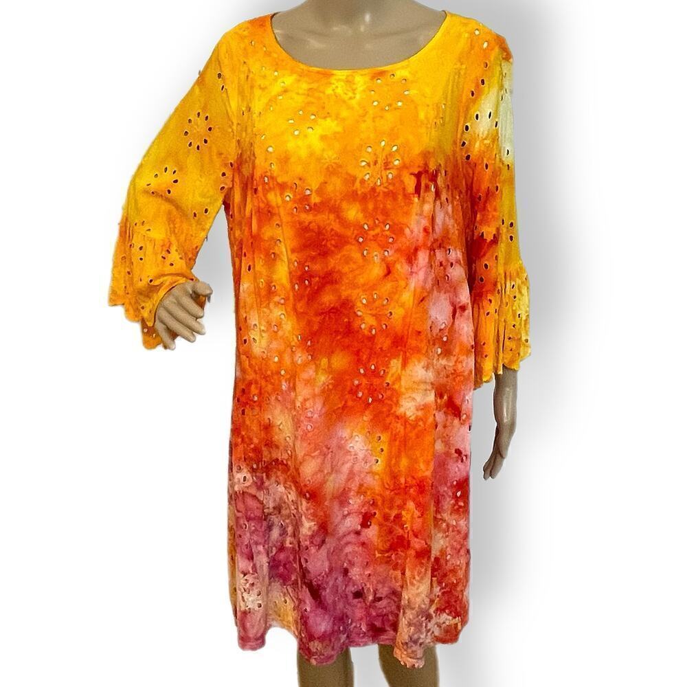 Hand tie dyed bell sleeve eyelet dress yellow orange pink XL